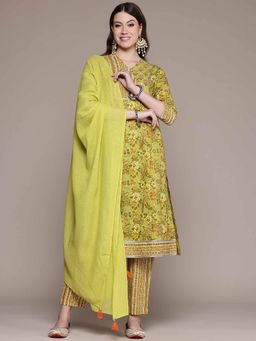 Readiprint - A-Line Style Cotton Fabric Lime Green Color Kurta and Pant with Dupatta (Set of 3)