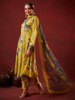 Heeposh - Yellow Style Cotton Fabric Black Color Angrakha Kurta with Pant (Set of 3)