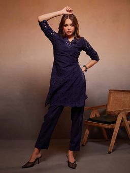 Heeposh - Blue Schiffli Embroidered Kurta with Pant (Set of 2)