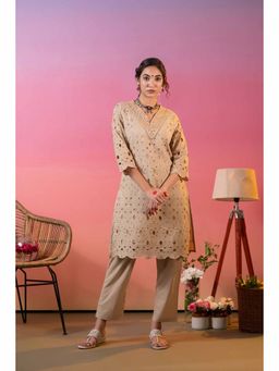 Heeposh - Beige Schiffli Embroidered Kurta with Pant (Set of 2)