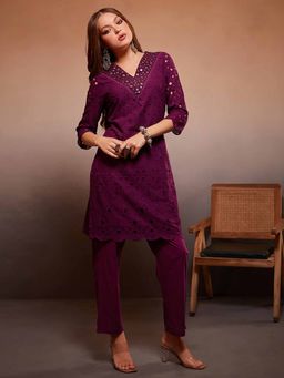 Heeposh - Purple Schiffli Embroidered Kurta with Pant (Set of 2)