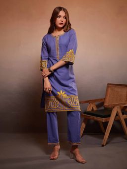 Heeposh - Blue Lace Embroidered Neckline Kurta with Pant (Set of 2)