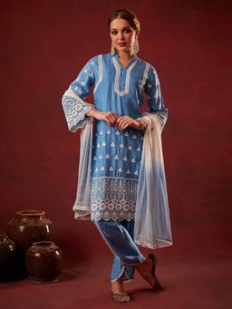 Heeposh - Blue Embroidered Kurta & Dhoti with Dupatta (Set of 3)