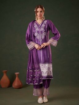 Heeposh - Purple Floral Embroidered Kurta & Pant with Dupatta (Set of 3)