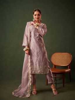 Heeposh - Lavender Floral Embroidered Kurta & Pant with Dupatta (Set of 3)