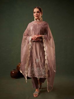 Heeposh - Brown Floral Embroidered Kurta & Pant with Dupatta (Set of 3)