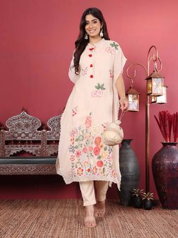 Varanga - Off White Floral Thread Embroidered Kaftan with Tonal Pant (Set of 2)