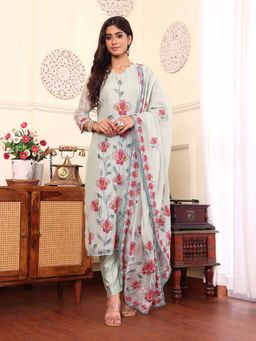 Varanga - Aqua Blue Thread Embroidered Straight Kurta & Pant with Printed Dupatta (Set of 3)