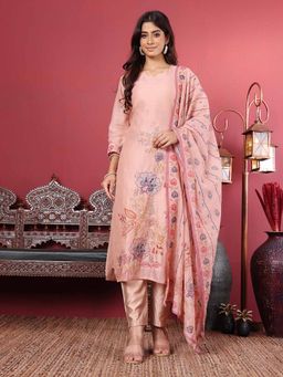 Varanga - Peach Pure Kantha Hand Embroidered Kurta & Pant with Embroidered Dupatta (Set of 3)