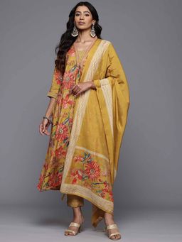 Varanga - Mustard Floral Printed Embroidered Kurta with Printed Pant and Dupatta (Set of 3)