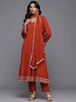 Varanga - Rust Zari & Sequins Embellished Lace Anarkali Kurta with Pant & Dupatta (Set of 3)
