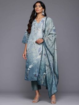 Varanga - Blue Floral Printed Straight Kurta with Pants and Dupatta (Set of 3)