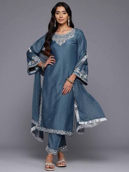 Varanga - Grey Embroidered Straight Kurta with Pant and Dupatta (Set of 3)
