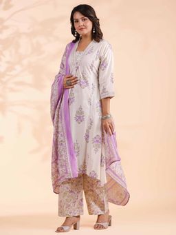 Vbuyz - Floral Printed A-Line Cotton White and Purple Kurta with Pant & Dupatta (Set of 3)