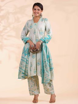 Vbuyz - Floral Printed A-Line Cotton White and Turquoise Kurta with Pant & Dupatta (Set of 3)
