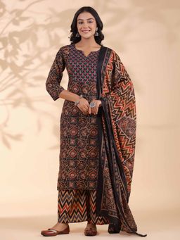 Vbuyz - Geometric Print with Sequence Work Cotton Black Kurta with Palazzo & Dupatta (Set of 3)