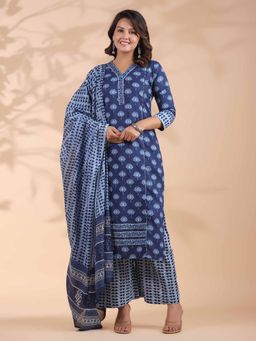 Vbuyz - Floral Print with Mirror Work Cotton Blue Kurta with Palazzo & Dupatta (Set of 3)
