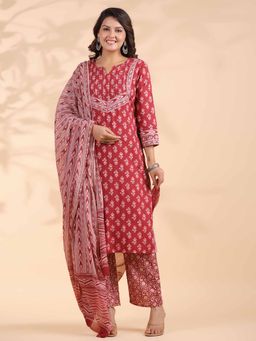 Vbuyz - Floral Print with Sequence Work Cotton Maroon Kurta with Pant & Dupatta (Set of 3)