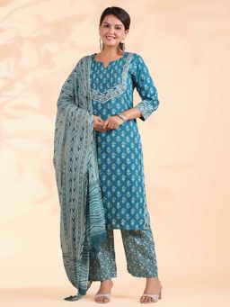 Vbuyz - Floral Print with Sequence Work Cotton Turquoise Kurta with Pant & Dupatta (Set of 3)