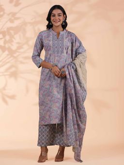 Vbuyz - Floral Print Straight Cotton Sky Blue Stitched Kurta with Pant & Dupatta (Set of 3)