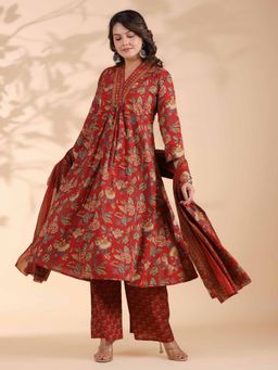 Vbuyz - Floral Print Alia Cut Mirror Work Cotton Red Kurta with Palazzo & Dupatta (Set of 3)