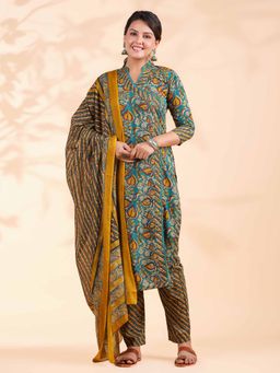 Vbuyz - Floral with Sequence Angrakha Cotton Turquoise Blue Kurta with Pant & Dupatta (Set of 3)