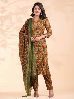 Vbuyz - Floral Print with Sequence Angrakha Cotton Mustard Kurta with Pant & Dupatta (Set of 3)
