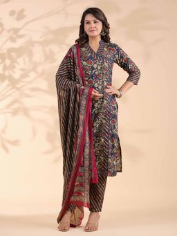 Vbuyz - Floral Print with Sequence Angrakha Cotton Blue Kurta with Pant and Dupatta (Set of 3)