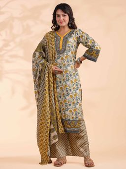 Vbuyz - Women's Floral Print Straight Cotton Yellow Kurta with Palazzo & Dupatta (Set of 3)
