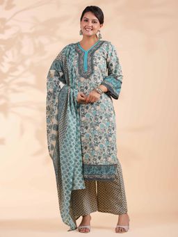 Vbuyz - Women's Floral Print Straight Cotton Turquoise Kurta with Palazzo & Dupatta (Set of 3)