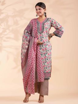 Vbuyz - Women's Floral Print Straight Cotton Pink Kurta with Palazzo & Dupatta (Set of 3)