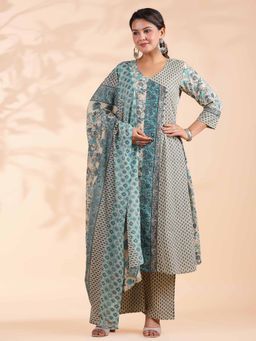 Vbuyz - Floral Print A-Line Cotton Sky Blue Angrakha Kurta with Palazzo and Dupatta (Set of 3)
