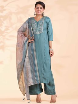 Vbuyz - Embroidered Straight Roman Silk Turquoise Kurta with Palazzo & Dupatta (Set of 3)