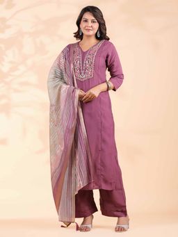 Vbuyz - Women's Embroidered Straight Roman Silk Wine Kurta with Palazzo & Dupatta (Set of 3)