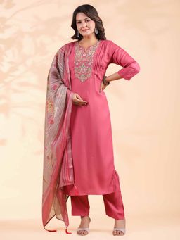 Vbuyz - Solid with Embroidered Straight Vertican Pink Kurta with Pant & Dupatta (Set of 3)