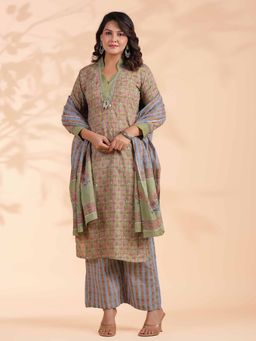 Vbuyz - Women's Green Print Straight Cotton Pista Kurta with Palazzo & Dupatta (Set of 3)