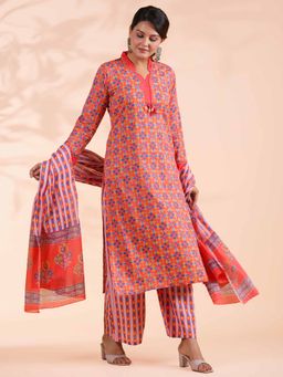 Vbuyz - Women's Print Straight Cotton Orange Kurta with Palazzo & Dupatta (Set of 3)