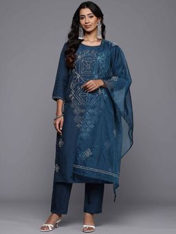 Varanga - Navy Blue Hand Embroidered Straight Kurta & Pant with Dupatta (Set of 3)