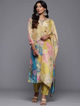 Varanga - Mustard Silk Shimmer Floral Printed Embellishment Kurta & Pant with Dupatta (Set of 3)