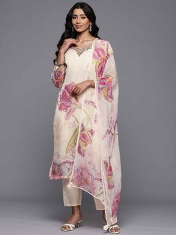 Varanga - Off White Rhinestone Embroidered Straight Kurta & Pant with Dupatta (Set of 3)
