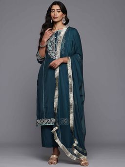 Varanga - Teal Blue Round Neck Zari Embroidered Straight Kurta & Pant with Dupatta (Set of 3)