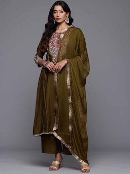 Varanga - Olive Green Zari Embroidered Kurta with Wide Palazzo & Dupatta (Set of 3)