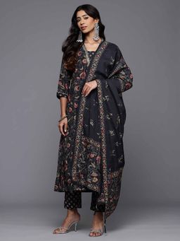 Varanga - Black Floral Printed Embroidered Kurta Paired with Pant and Dupatta (Set of 3)