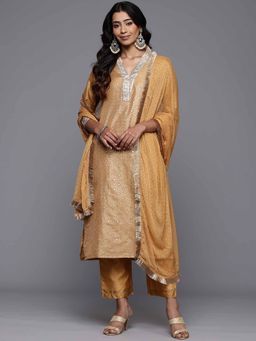 Varanga - Beige Silk Brocade Straight Kurta with Pants and Dupatta (Set of 3)