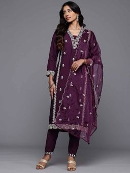 Varanga - Purple Cotton Thread Embroidered Detailed Kurta & Pant with Dupatta (Set of 3)