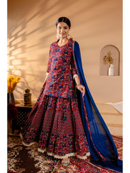 Mokshi - Maroon Floral Kalamkari Printed Kurti with Skirt and Dupatta (Set of 3)