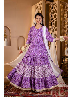 Mokshi - Purple Floral Kalamkari Printed Kurti with Skirt and Dupatta (Set of 3)