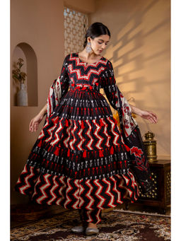 Mokshi - Black Pure Cotton Anarkali Kurta with Pants and Dupatta (Set of 3)