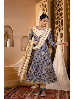 Mokshi - Beige and Blue Mirror Worked Anarkali Kurta with Pants and Dupatta (Set of 3)