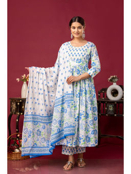 Mokshi - White and Blue Floral Printed Anarkali Kurta & Pants with Dupatta (Set of 3)